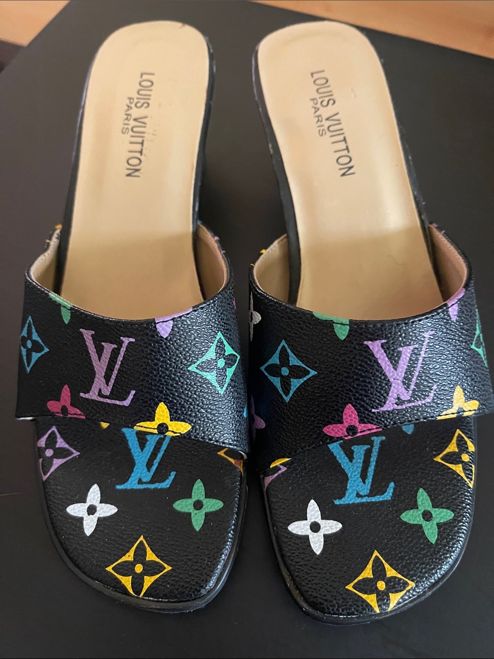 Louis Vuitton Black Multicolor Monogram Slide Mules